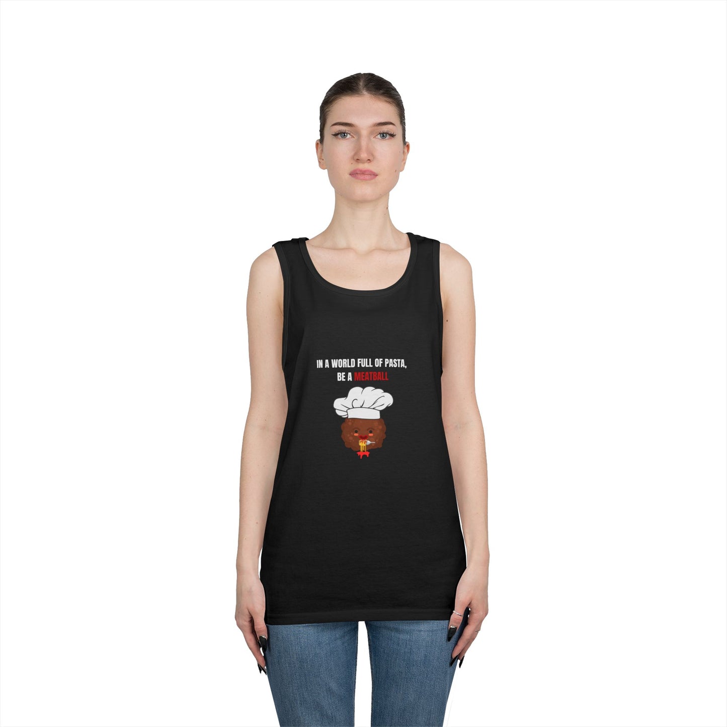 IN A WORLD FULL OF PASTA, BE A MEATBALL β Funny Unisex Tank Top | Heavy Cotton Gym & Summer Gift Tee